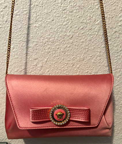 Versace Crystal Gianni Ribbon Clutch w detach chain gold hardware crystal Medusa