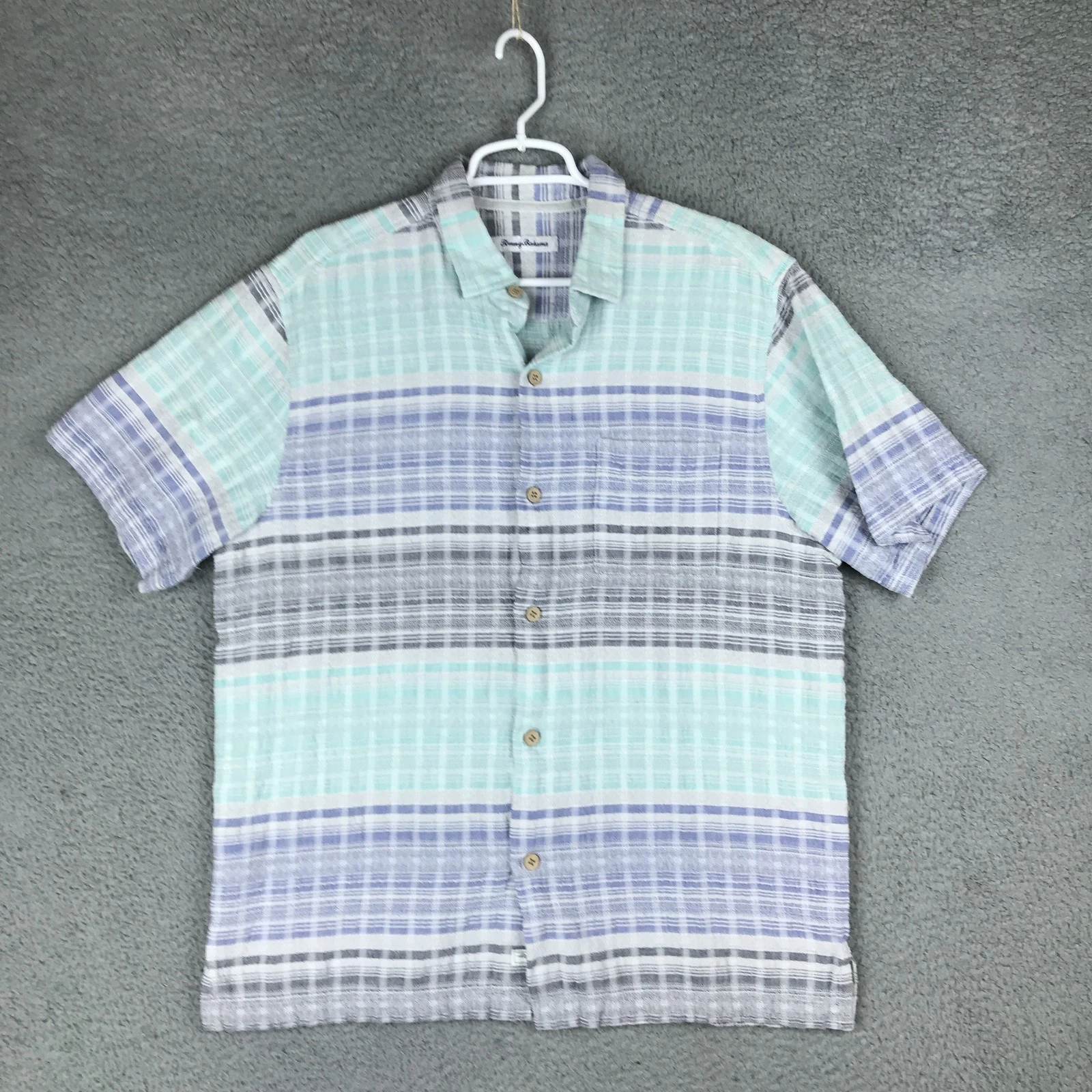 Tommy Bahama Shirt Mens Large Blue Gray Plaid Button Up 100% Cotton Casual