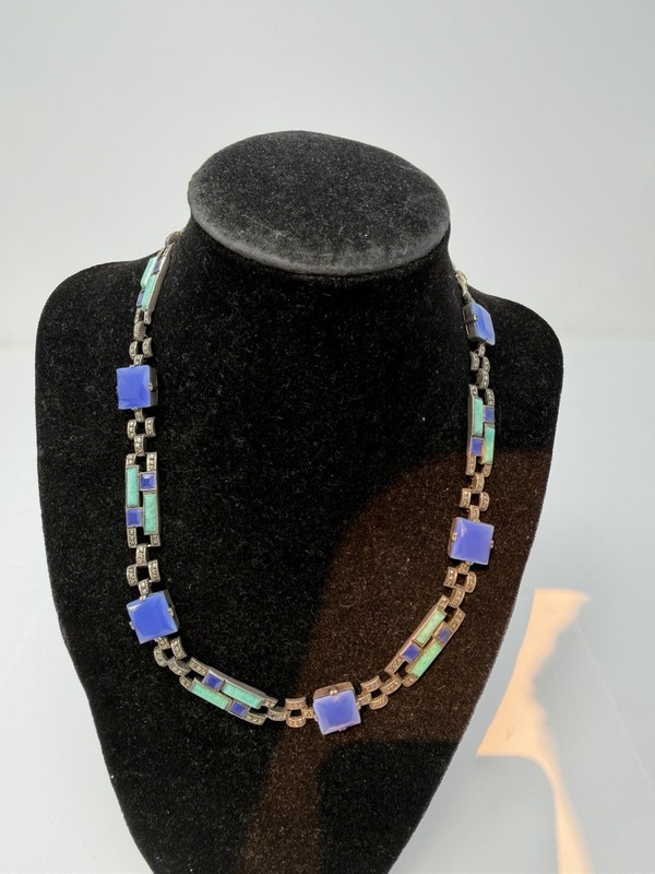 Rare Theodor Fahrner Sterling MARCASITE ENAMEL ART DECO STATION NECKLACE