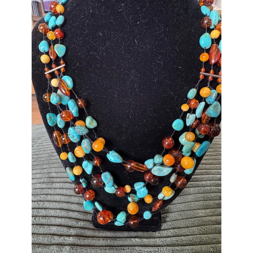 Jay King Turquoise Amber Beaded Necklace 925 Sterling Silver - Image 2 of 4