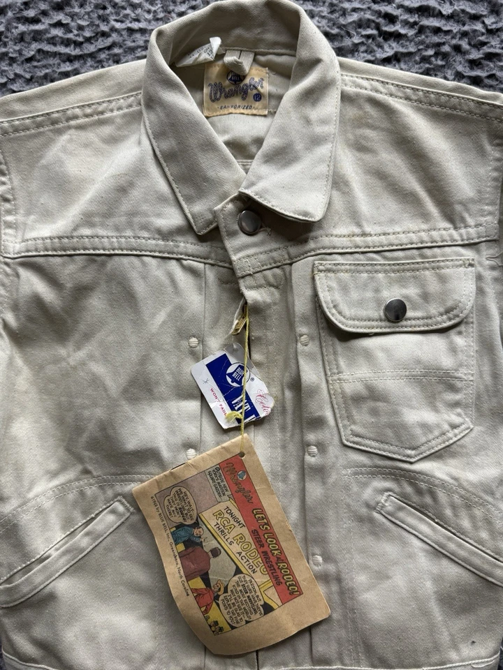 Jaqueta jeans vintage Wrangler 1950’s off white ponto plissado fonte 3 tamanho 12 - Imagem 3 de 4