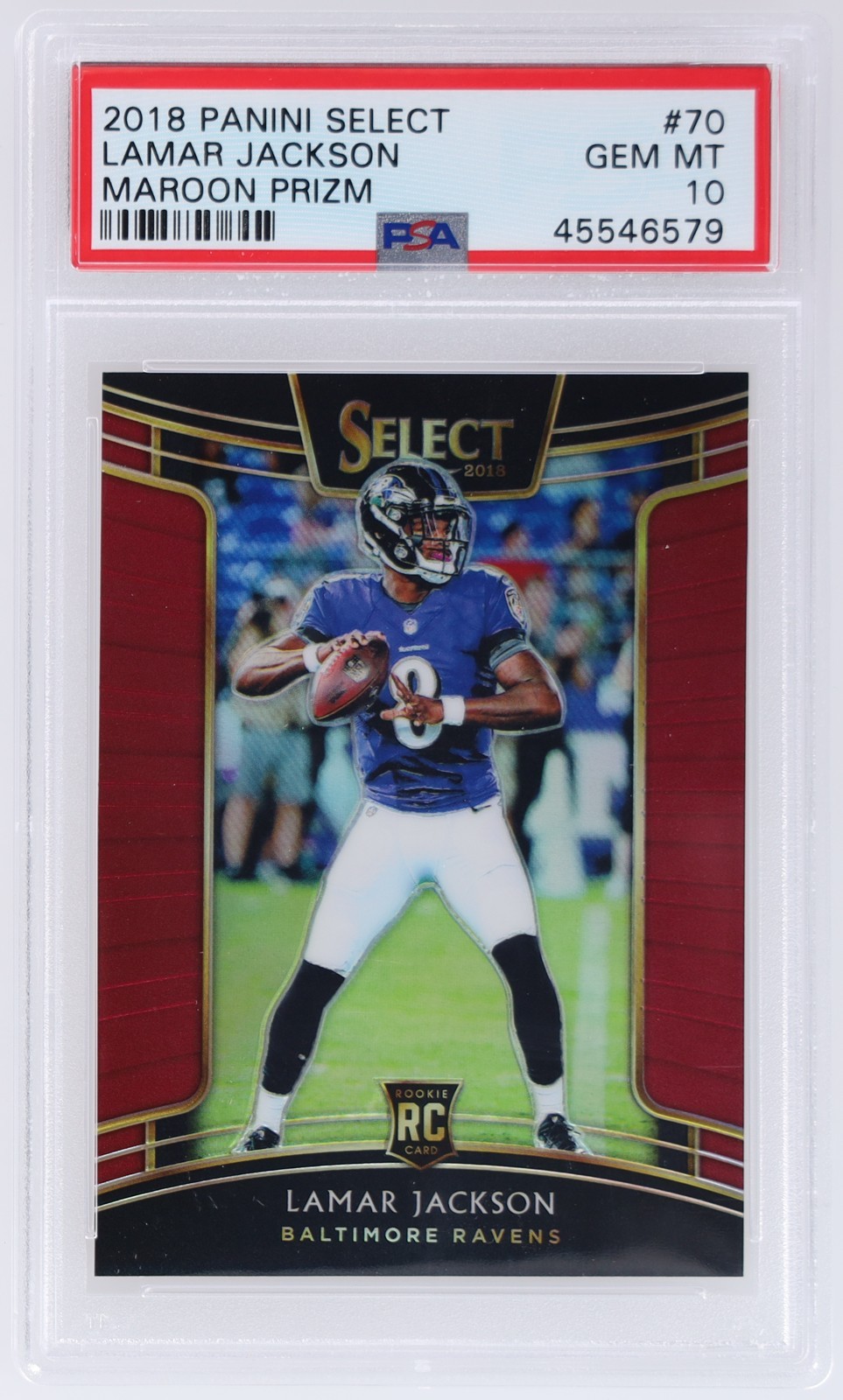 2018 Panini Select Lamar Jackson #70 PSA 10 RC Concourse Maroon Prizm 95/99