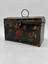 Antique Tin Document Box Primitive Deed Toleware Painted Black & Red Tole Floral