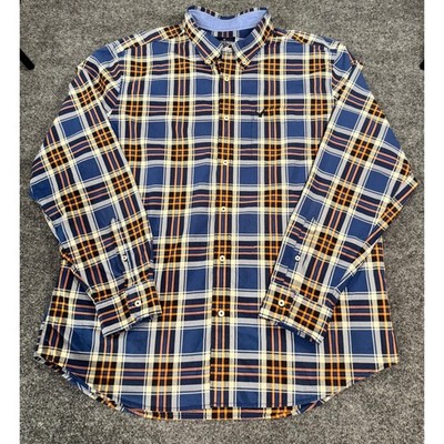 American Eagle Mens XXL Classic Fit Plaid Button Down Shirt Navy Blue Orange