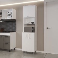 Kitchen Pantry with 2 Pneumatic Door, Open Storage, and Bottom Cabinet, White.