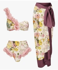 NWT Boho Floral One-Shoulder Swim Set with Sarong, Size L
