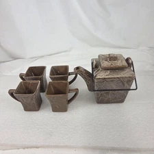 Brown Textured Stoneware Teapot Set with 4 Matching Square Cups
