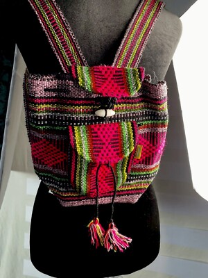 Boho Red Multicolor Woven Backpack for Women (N32) NEW Peruvian Woven Llama Backpack Pink Orange Striped Andean  main image 4