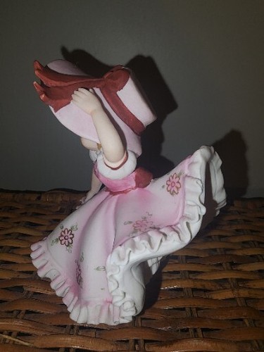 Lefton Kelvin Figurine girl ruffled dress up pink vtg sculpture Japan windy day - Picture 3 of 9