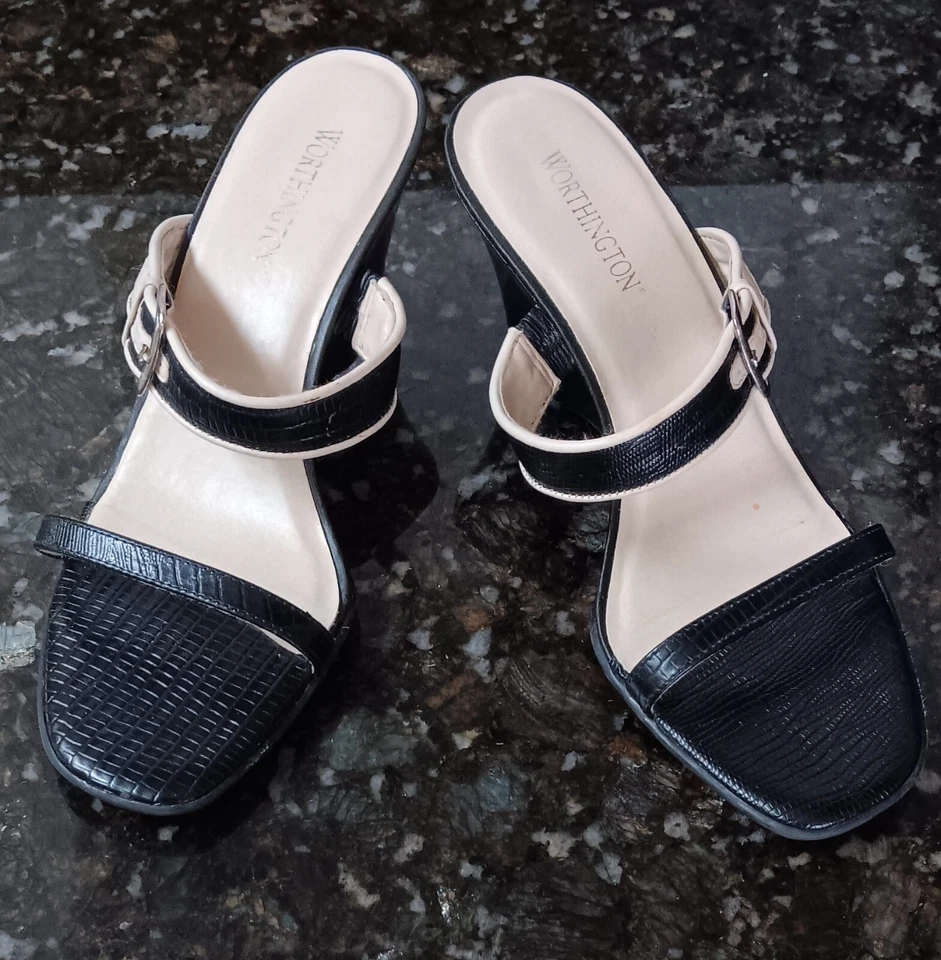 Lindas sandalias Worthington de cuña sin cordones de cuero superior cremoso negro EE. UU. 7,5 Foto 2 de 2