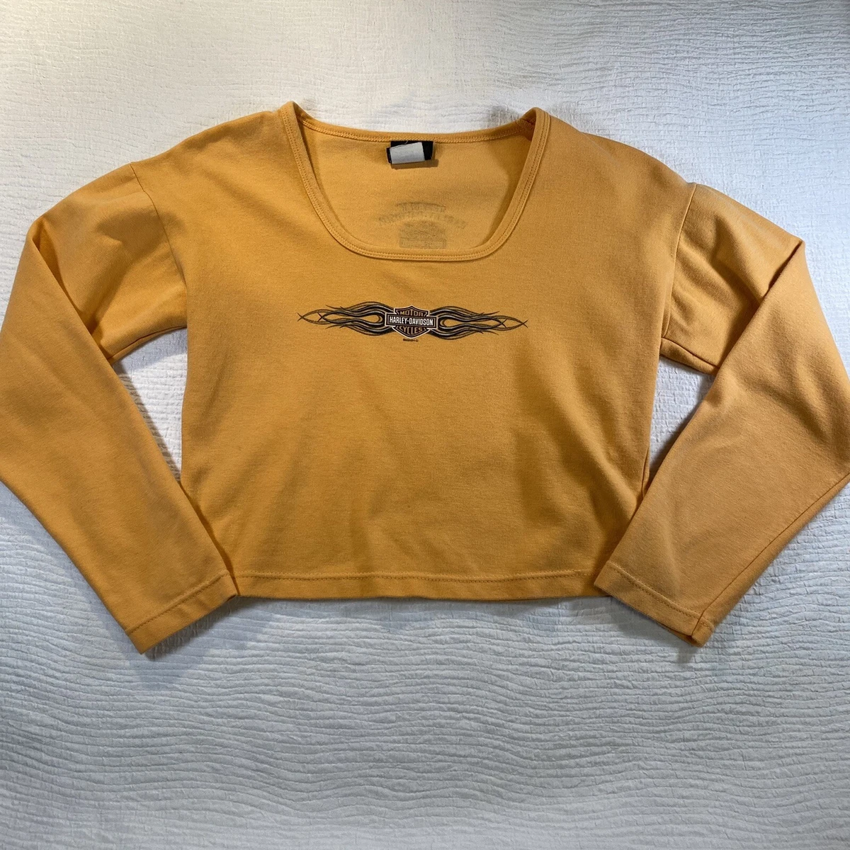 Harley Davidson Motorcycles Orange Long Sleeve Crop Top Y2K USA Texas Sz Large L