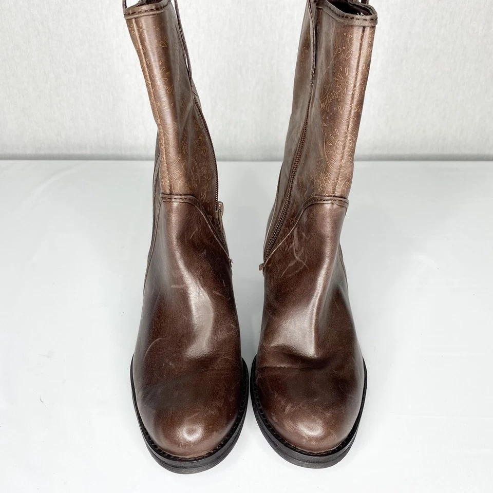 Bota Biviel Feminina Couro Marrom Em Relevo Aba Puxadora Meia Panturrilha Zíper 7-7.5 EUR 37.5 - Imagem 4 de 4