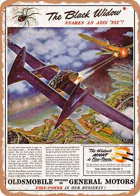 METAL SIGN - 1944 Oldsmobile and P 61 The Black Widow Snares an Axis Fly