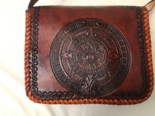 Vintage Hand Tooled Leather Purse Aztec Calendar Flowers