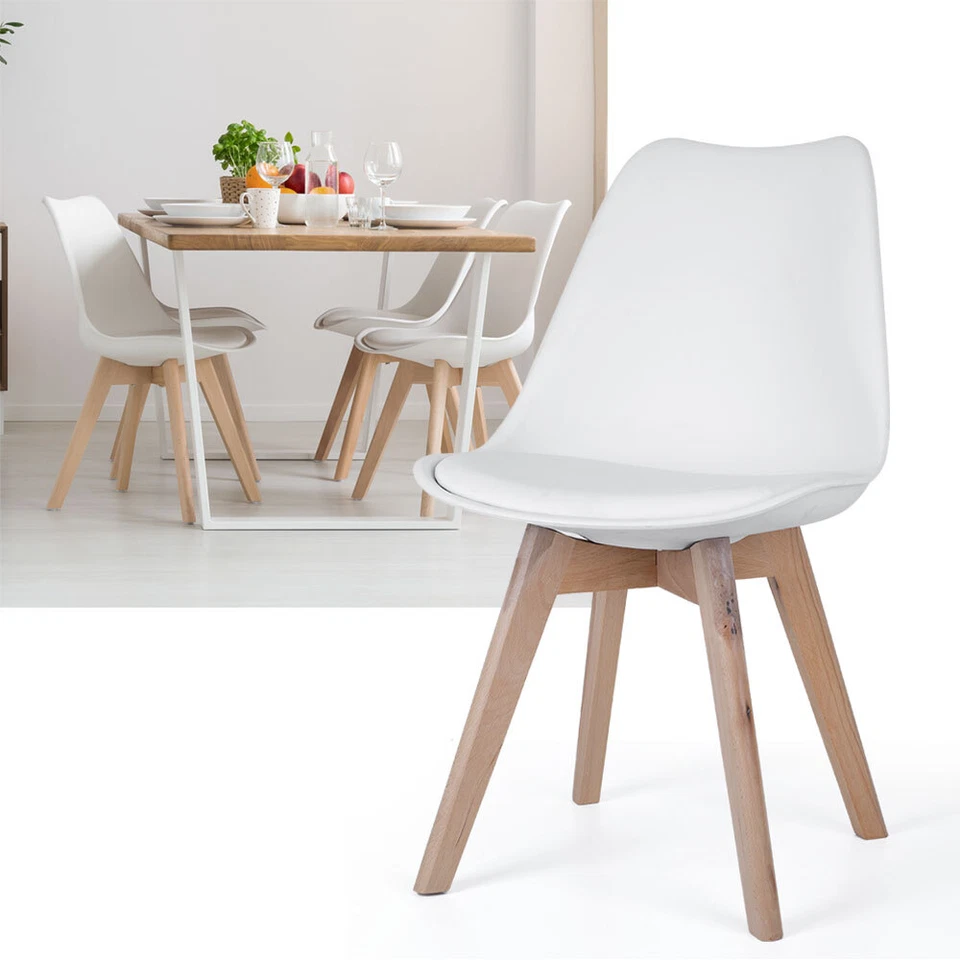 Set De 4 Chaises De Salle À Manger Cuisine Chambre Salon Bois Chêne Blanc PU - Photo 1/4