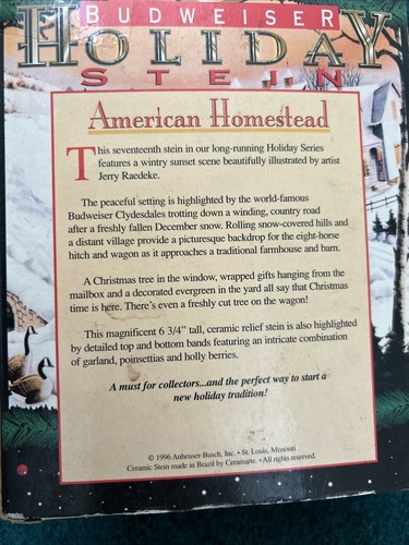 1996 Neu im Karton Budweiser Holiday Stein "American Homestead" mit Echtheitszertifikat und Box - Bild 6 von 6