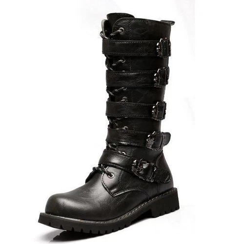 Mens Knee High Boots military Buckle Fashion Gothic Zip Combat Riding Shoes - Picture 3 of 5