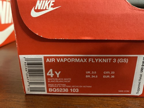 NIKE AIR VAPORMAX FLYKNIT 3 GS WHITE BLACK BQ5238-103 SIZE 4Y Womenâs 5.5 193146228732 | eBay