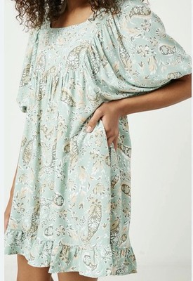 Hayden Los Angeles Green  Paisley Shirt Balloon Sleeve Babydoll Mini Dress Sz M