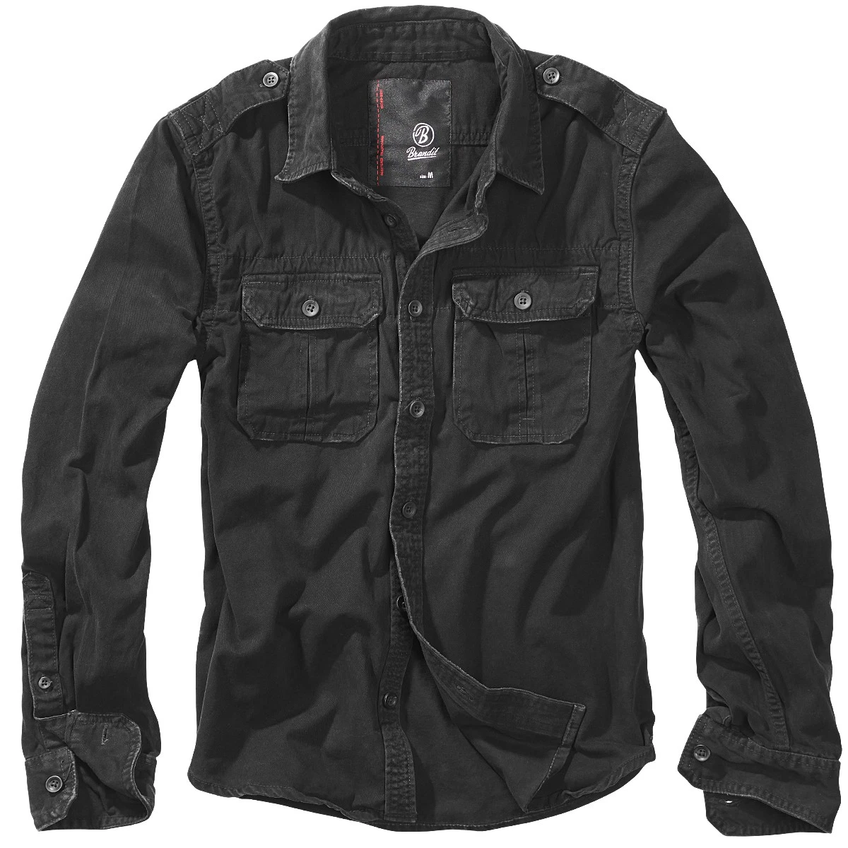 Brandit Vintage Camisa Manga Larga Algodón Hombres Outdoor Táctico Caza Negro