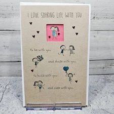 American Greetings Anniversary Card Brown Red Hearts Cartoon Couple Jewels