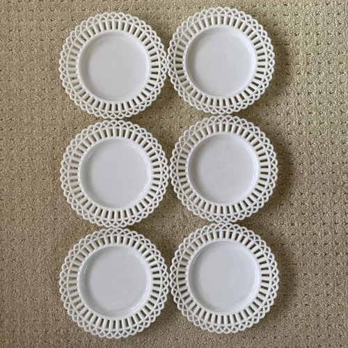 Set of 6 Vintage Canton Gothic White Milk Glass Lattice Edge 9.25” Round Plates