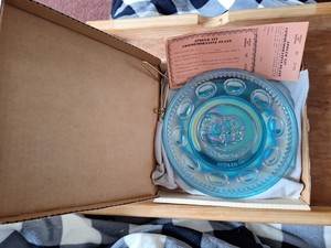 Vintage Commemorative Blue Carnival  Glass Apollo 11 Plate By Wheaton