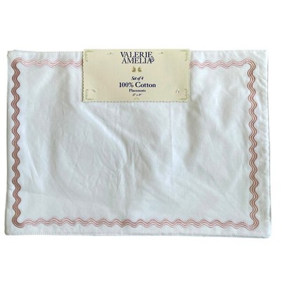 VALERIE AMELIA White Pink Ric Rack Trim Cotton Placemats 13x19 Set of 4 NEW