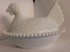 ❤HEN ON NEST INDIANA MILK GLASS STRIATED BASE CLOSED BEAD CHICKEN COVERED DISH❤