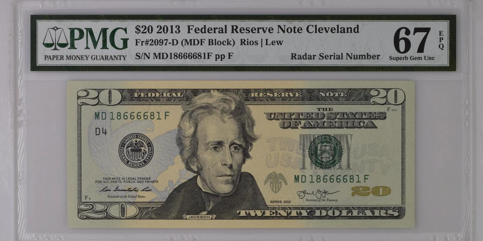 [RADAR S/N] FRN $20 2013 FR2097D PMG 67 SUPERB GEM UNC EPQ FANCY 1866 6681 - Image 3 of 4