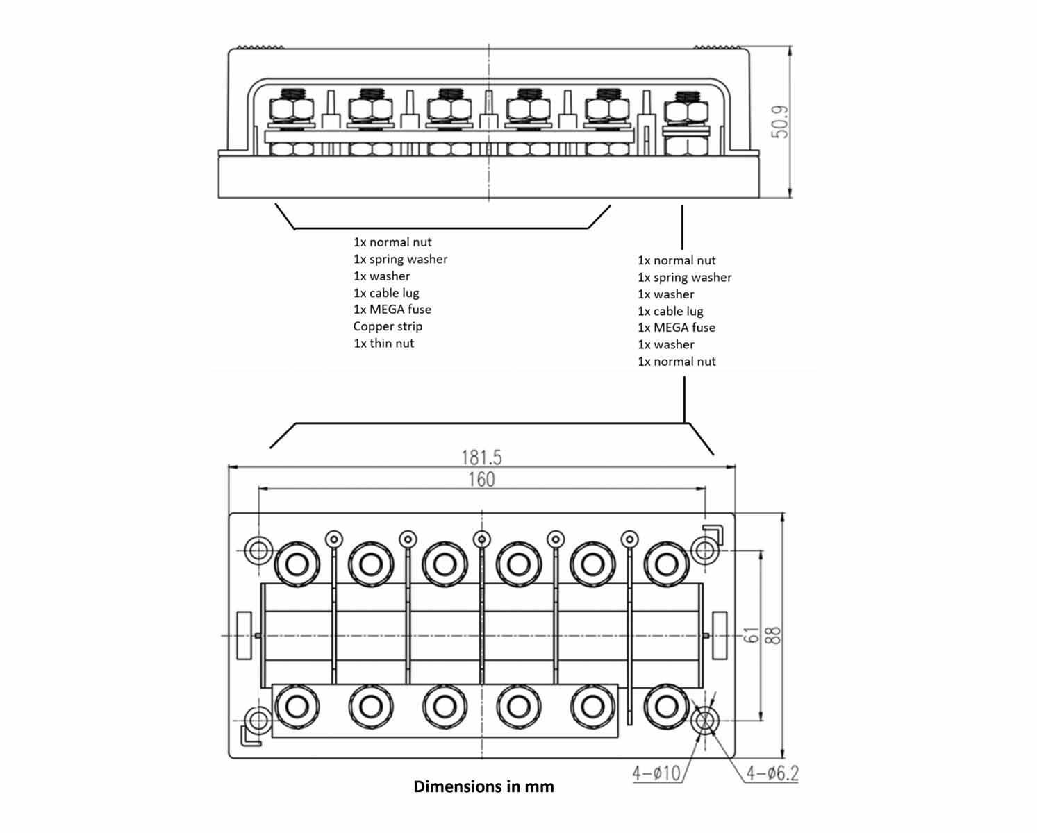 Victron Energy 6-way Multi Fuse holder for MEGA fuse 6 Way