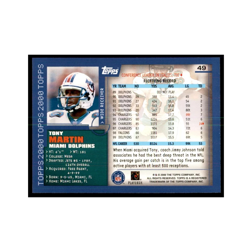 Tony Martin 2000 Topps #49 Football Cards Football Card NM - Image 2 of 3