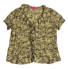 Sunny Leigh Top Womens Large Brown Green Dot Ruffle Button Up Retro Semi Sheer