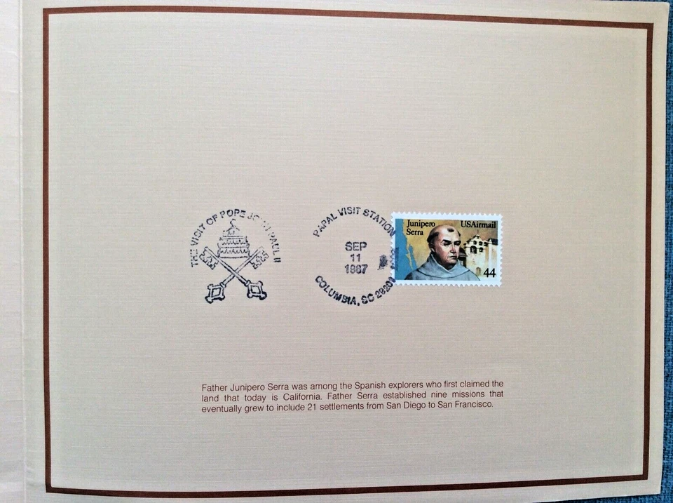 Sello conmemorativo de visita del Papa Juan Pablo II Columbia 1987, Carolina del Sur; Filatelia; católico Foto 3 de 3