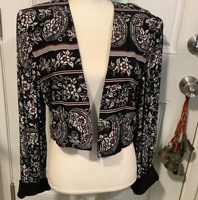 Componix black white birds floral artsy cropped bolero jacket velvet cuffs M