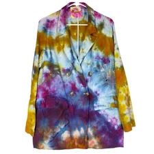 Handmade Ice Tie Dye Blazer Jacket Womens XXL Colorful Upcycled Double Breasted