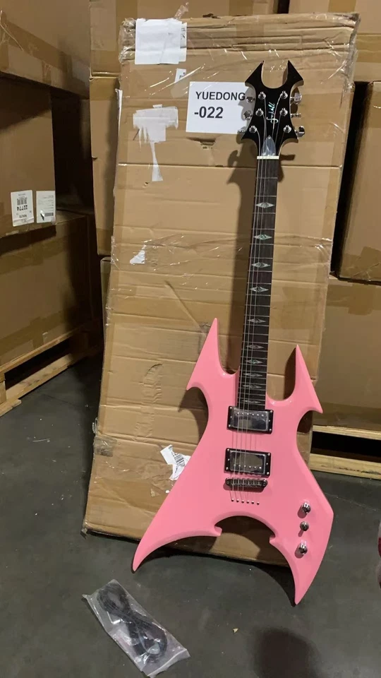 Pink color unique shape guitar maple neck mahogany body bone nut bolt on 022 - Image 3 of 4