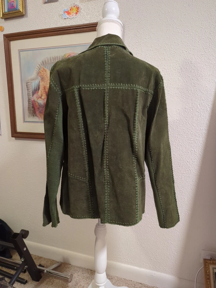 Selene Sport 绿色复古皮革拼布纽扣夹克 16 码女式 — 第 3/4 张图片