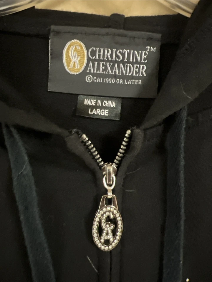 NUEVO SIN ETIQUETAS Christine Alexander Cristal Estrás "Besos" Cremallera Sudadera con Capucha Negra Talla Lg Foto 2 de 4