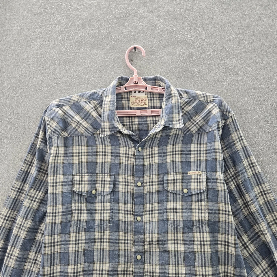 Camisa con botones Lucky Brand para hombre XL azul franela a cuadros BM B0318 Western Grunge Foto 4 de 4