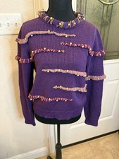 Vintage 90s Ann Wi Sweater Size Large Purple with Leather and Beads