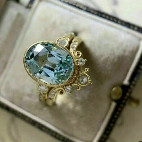Oval Cut 3Ct Aquamarine Bridal Bezel Set Ring 14K Yellow Gold
