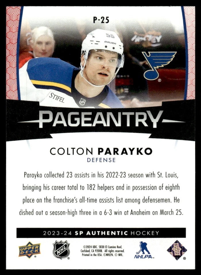 2023-24 SP Authentic Pageantry RED Colton Parayko St. Louis Blues #P-25 - Image 2 of 2