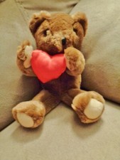 Bear Brown 7" Teddy holding mini Red satin Heart VTG plush Russ Berrie 341 RARE