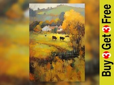 Lush Rustic Autumn Cattle Oil Painting Print 5"x7" on Matte Paper