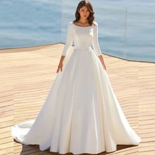 Customized Satin Wedding Dresses 3/4 Sleeve Buttons Back Pleated Bridal Gowns US