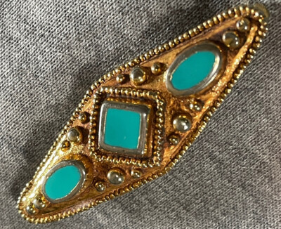 Art Deco Designer Brosche signiert P&M Paris Metall vergoldet emailliert blau türkis