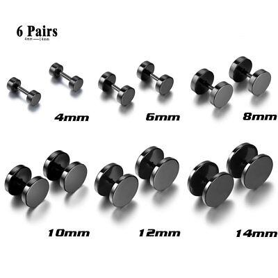 6Pairs Stainless Steel Earrings Men Black Cheater Fake Ear Plugs Piercing  4-14mm | eBay