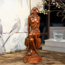 Chinese Boxwood Wood Carving Sexy Beautiful Woman Statue Wooden Sculpture Decor