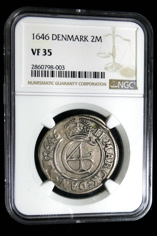 1646 Denmark 2 Mark. NGC Certified VF 35. INV#4090